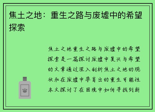焦土之地:重生之路与废墟中的希望探索 焦土之地:重生之路与废墟中的希望探索
